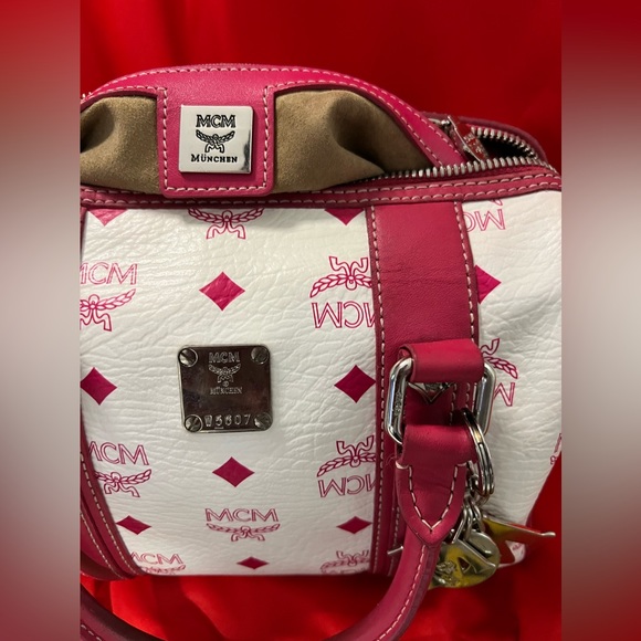 Red and White MCM Small Boston Satchel Bag w/ Brown Suede liner. MCM Monogram - Picture 6 of 16